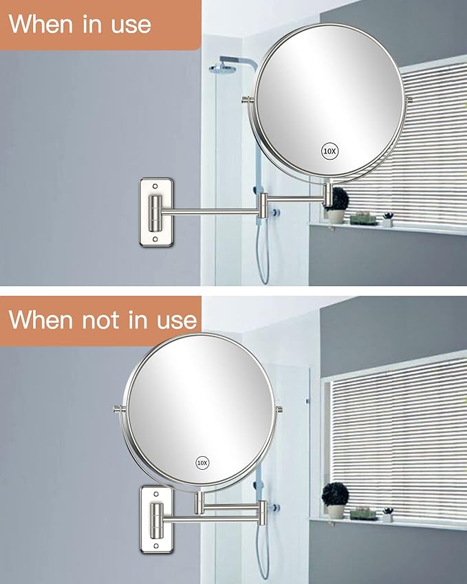 Benbilry 9" Large Size Wall Mounted Makeup Vanity Mirror, 1X/10X Magnifying Double Sided Shaving Mirror for Bathroom, 360° Swivel Extendable Arm, Nickel Finish