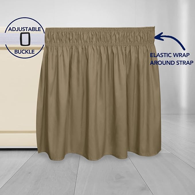 PureFit Wrap Around Ruffled Bed Skirt with Adjustable Elastic Belt - 18 Inch Drop Easy to Put On, Wrinkle Free Bedskirt Dust Ruffles, Bed Frame Cover for Queen, King and C-King Size Beds, Camel