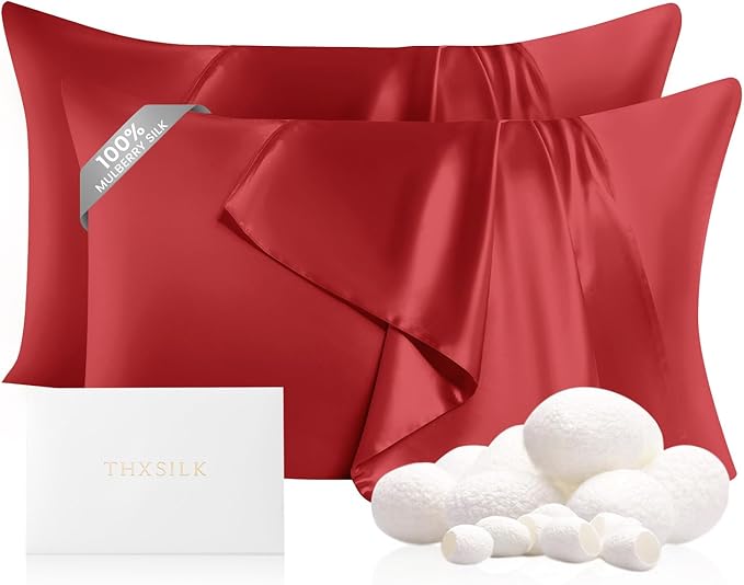 THXSILK Set of 2 100% Pure Mulberry Silk Pillowcases for Hair and Skin, 22 Momme Zipper Silk Pillow Case Standard Size, Real Silk Pillowcases with Zipper (Red, King 20"x36")