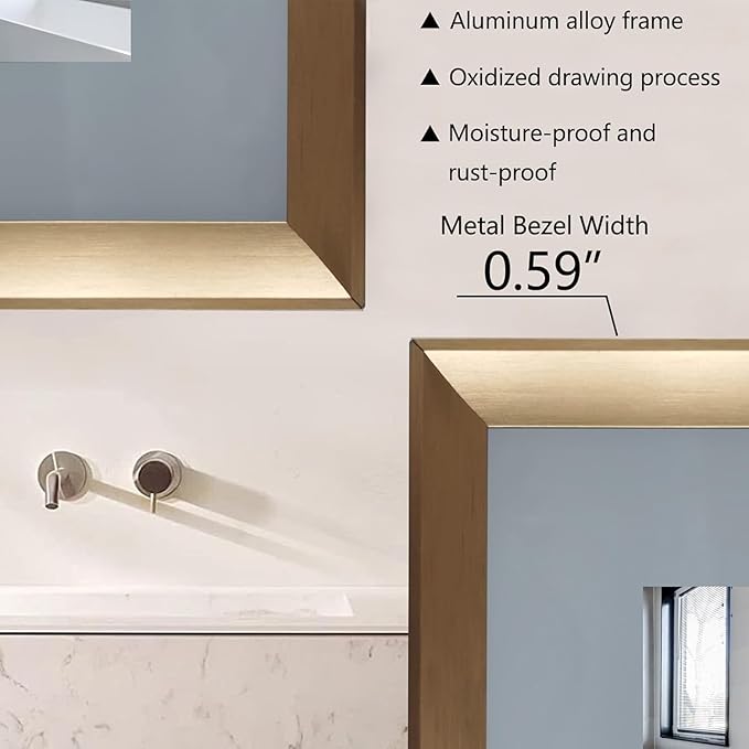 24 x 36 Gold Bathroom LED Mirror – Frontlit & Backlit Vanity Mirror with Antifog & Shatter Proof Tempered Glass, Aluminium Frame Bathroom Mirror, Comes with 3 Colour Lights Option (Gold, 24 * 36)