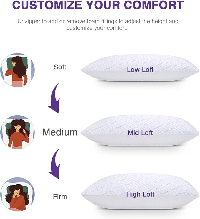 Cooling Pillows Queen Size Set of 4, Shredded Memory Foam Pillows with Zipper, Adjustable Firmness for Sleeping Cool Cold Pillow for Hot, Side Sleepers,20x30,4 Pack