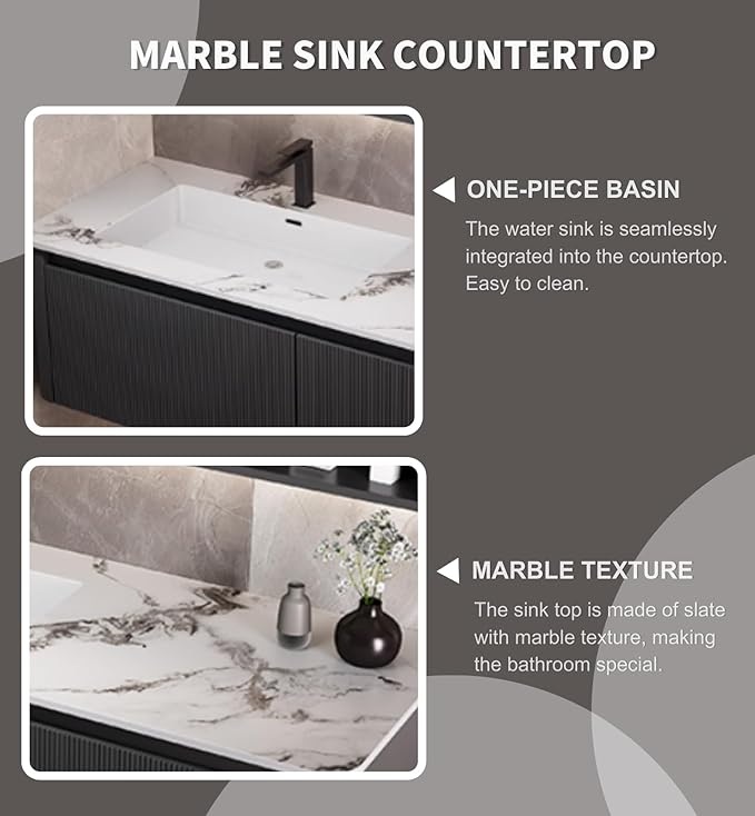 Bathroom Vanity Cabinet, 36" Bathroom Vanity with Sink & Intelligent Defog LED Mirror, Solid Wood Float Vanities, Wall-Mount Bathroom Cabinet with Drawer, Undermount Single Sink, Faucet, Drain(Black)