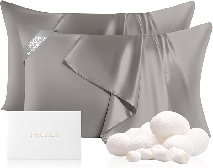 THXSILK Set of 2 Silk Pillowcases for Hair and Skin, 22 Momme, 100% Mulberry Silk Bed Pillowcases with Hidden Zipper, Soft Breathable Smooth, King Pillow Case (Grey)