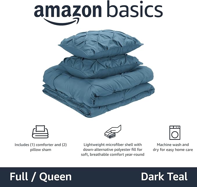 Amazon Basics Queen Size Comforter Sets with Microfiber Pillow Shams, All-Season Down-Alternative 3-Piece Bedding Set, Pinch Pleat Design, Full/Queen Size, Dark Teal