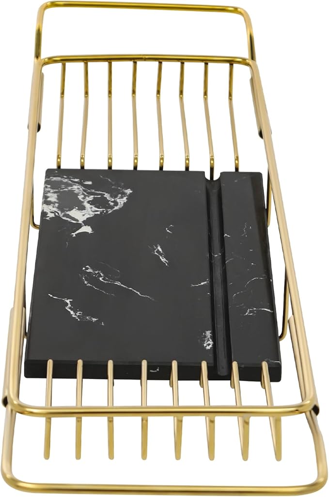 Bathtub Tray Caddy for Luxury Bath, Stainless Steel 26.8-35.4 in Expandable Extra Wide Bath Tub Tray with Natural Marble and Mobile/Tablet Stand, Ideal for Home Spa Lovers (Gold + Black)