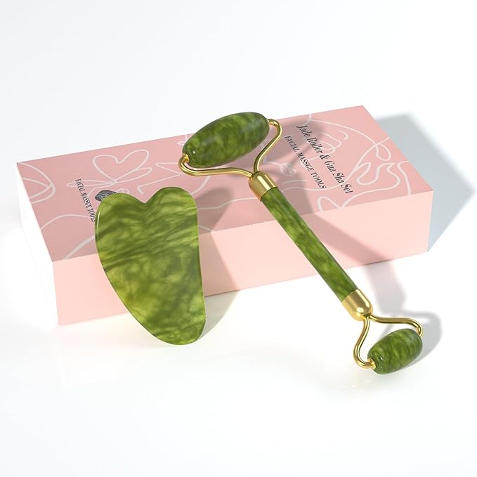 Jade Roller Gua Sha Set - Facial Skin Care Set, Facial Beauty Tools, Natural Beauty Skin Care Tools, Face Roller Massager for Face, Neck, and Eye Treatment,Gua Sha Facial Massager (Green)
