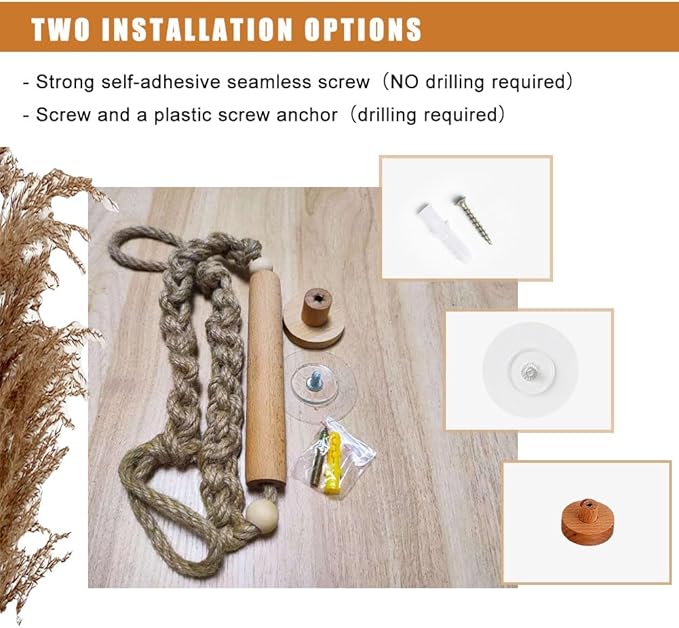 Rattan Toilet Paper Holder, Boho Rope Wood Hanging Tissue Rolls Paper Holder Wall Mounted, Rustic and Natural Unique Bathroom Accessories with Self-Adhesive Seamless Screw