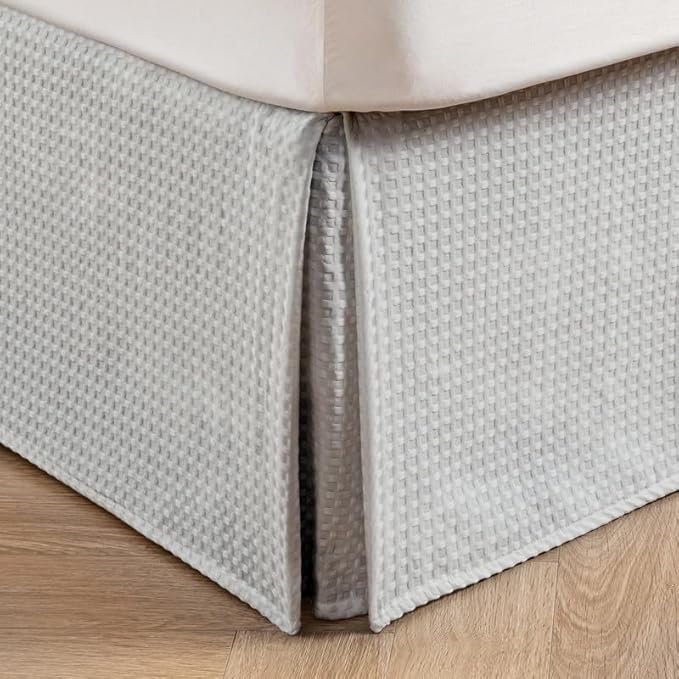MIYE Pleated Waffle Weave Bed Skirt, Tailored Dust Ruffle 12 Inch Drop Easy Fit, Machine Washable (Light Grey, Queen - 12" Drop)