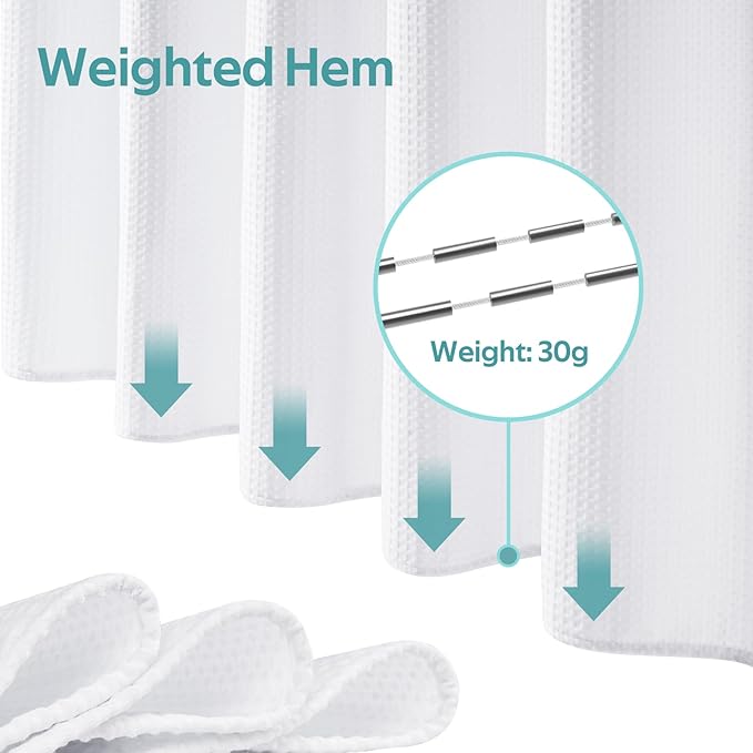 3 in 1 Shower Curtain Set, Waffle Shower Curtain and Liner Set with 12 Double Sided Shower Curtain Hooks, 258GSM Luxury Weighted Cloth Shower Curtains for Bathroom, 72 W x 84 H, White