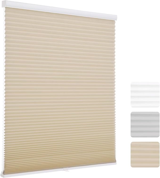 MYshade 1.5-Inch Cellular Cordless Light Filtering Shades,Thermal Insulating Noise Reducing Waterproof Blinds,Honeycomb Window Treatments for Indoor Light Control (Beige-27 W x 64" H)