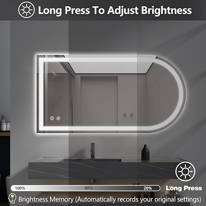 Niccy Arched LED Mirror for Bathroom, 55x30 Vanity Mirror with Light Frameless Bathroom Mirror, Smart Lighted Frontlit Mirrors with Memory Function for Bathroom Bedroom Beauty Hair Salon