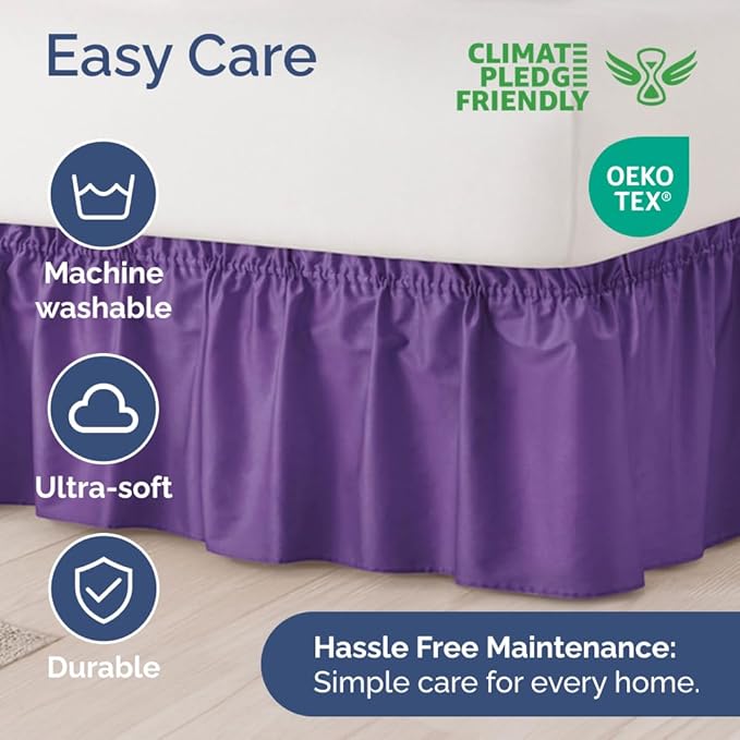 Wrap Around Dust Ruffle Bed Skirt - Purple - for Full Size Beds with 15 Inch Drop - Easy Fit Elastic Strap - Adjustable Pleated Bedskirt w/Brushed Fabric - Wrinkle Free - for Women, Men, Kids & Teens