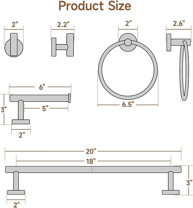 USHOWER Brushed Nickel Bathroom Hardware Set, Modern 18-Inch Towel Bar Set Wall Mounted, Durable SUS304 Stainless Steel Bathroom Accessories Set, 4-Piece