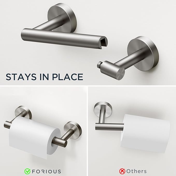 FORIOUS Toilet Paper Holder Wall Mount, SUS304 Stainless Steel Double Post Pivoting Tissue Roll Holder and Hand Towel Ring Set for Bathroom, RV, Bathroom Hardware Accessories Set, Brushed Nickel