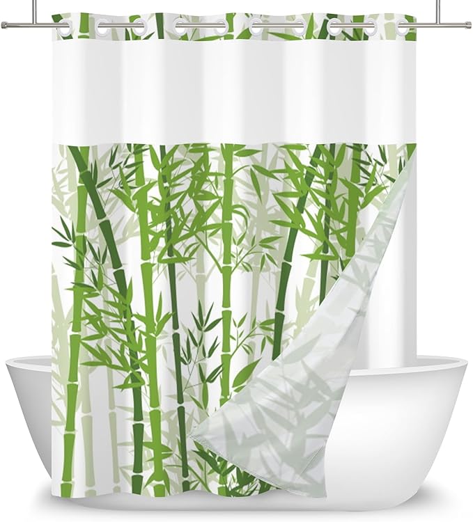 Bamboo Shower Curtain No Hooks with Snap-in Liner,Spring Bamboo Shower Curtains,Watercolor Fabric Green Shower Curtain Set,with See Through Top Window for Bathroom Decor,71 x 74 Inch