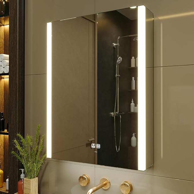 KWW LED Lighted Bathroom Medicine Cabinet with Sockets & USBs, Defogger, Dimmable, 3 Color Light Makeup Mirror, Easy to Install, Wall Mounted Cabinet (Left Hinge, 21 * 28)