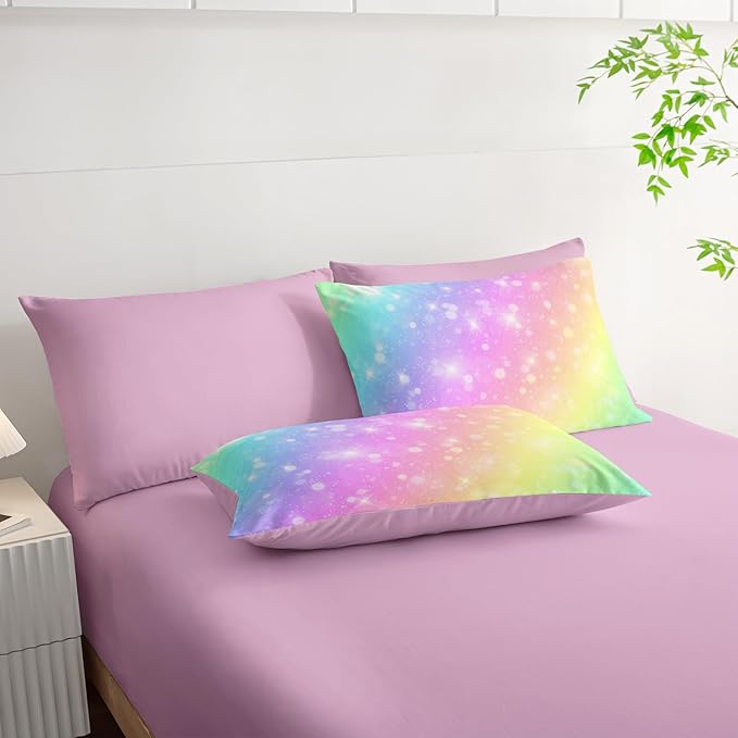 7 Piece Rainbow Comforter Set - Bed in a Bag, Pastel Galaxy Bedding Twin, Soft Microfiber, Kids/Teens/Girls, All Season