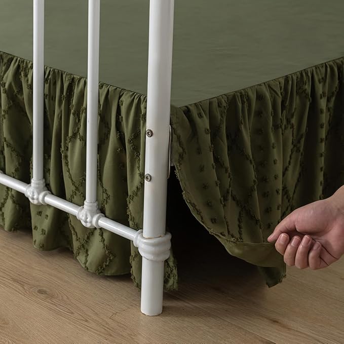 Bed Skirt Queen Size Ruffled Bed Skirt with Split Corners, 14 Inch Drop Dust Ruffle Bed Skirts with Platform, Boho Tufted Shabby Chic Queen Size Bed Skirts, Olive Green