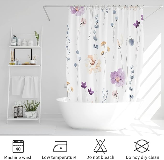 Gibelle Long Shower Curtain 72 x 78, Watercolor Floral Fabric Shower Curtain, Purple Beige Flower Decorative Bathroom Shower Curtain Set with Hooks