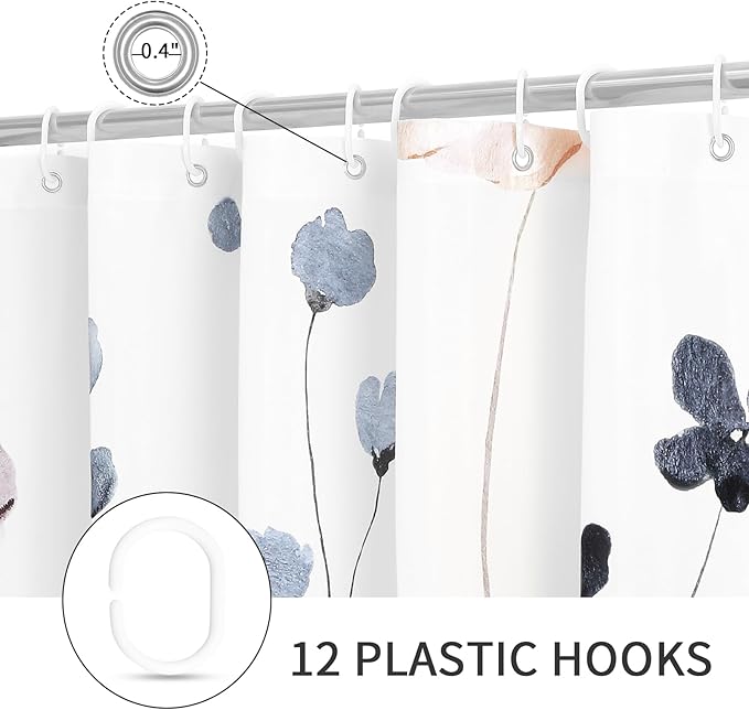 Gibelle Long Shower Curtain 72 x 78, Watercolor Floral Fabric Shower Curtain, Blue Beige Flower Decorative Bathroom Shower Curtain Set with Hooks