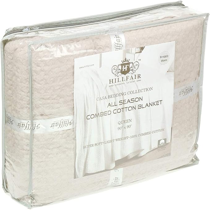 HILLFAIR 100% Combed Cotton Blanket– King Size Bed Blankets– Warm Soft All Season Breathable Lightweight Summer Blankets– Waffle Weave Home Decor Bed Blanket- Ivory King Bed Cotton Blankets/Bedcovers