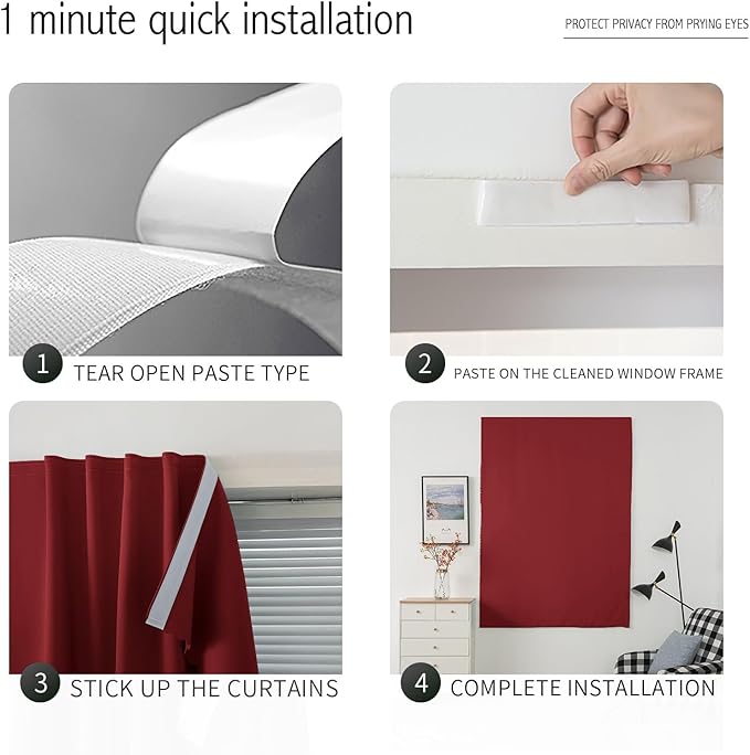 Self Adhesive Curtains, Stick Curtain Blackout Shades Window Cover Curtains for Living Room No Drilling, 47" W X 84" L, Burgundy, 1 Panel