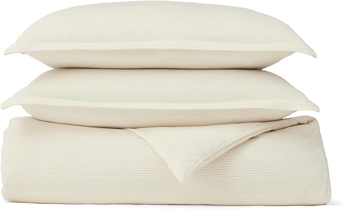 BOLL & BRANCH Flannel Fine Line Stripe Duvet Set - King/Cal King, Cream/Oak - Luxury 100% Organic Cotton - 1 Duvet Cover, 2 Shams - Velvety Soft, Warm & Breathable Weave
