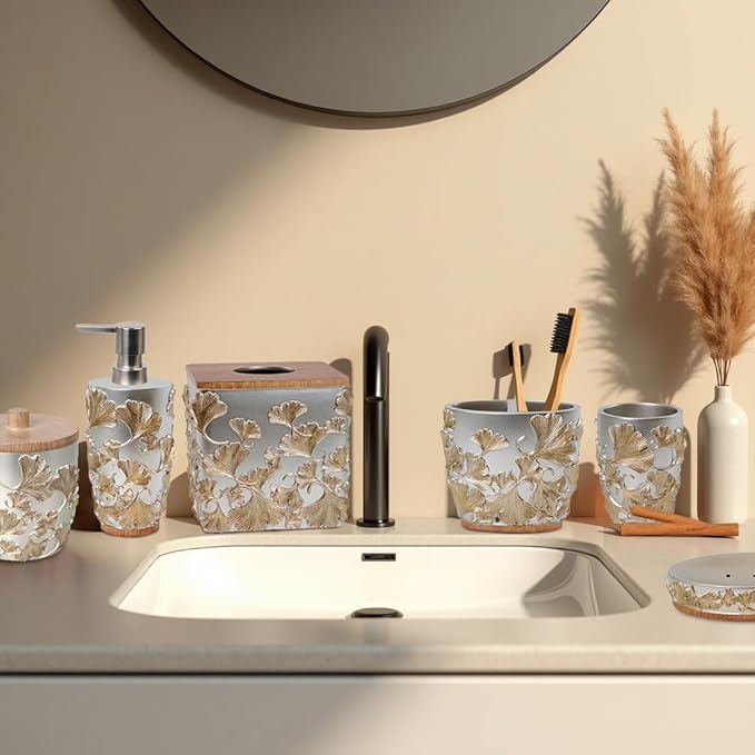 Decozen Bathroom Accessories Set 6Pcs – Soap Dispenser, Toothbrush Holder, Tumbler, Soap Dish & Cotton Swab Jar – Modern Bathroom Decor, Bath Set for Christmas Decor, Valencia