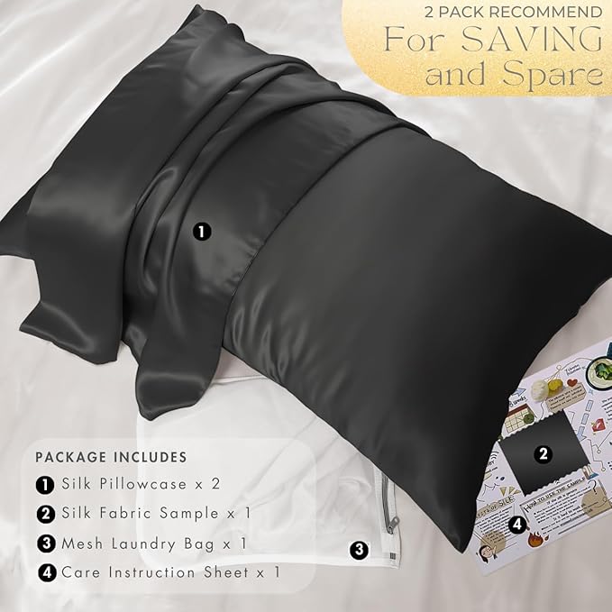 PROMEED 23 Momme Silk Pillowcase 2 Pack with Zipper, 3rd Gen Grade 6A+ 100% Mulberry Silk Pillow Case Set of 2, Cooling Pillow Cases for Hot Sleepers (Queen 20"x30", Black)