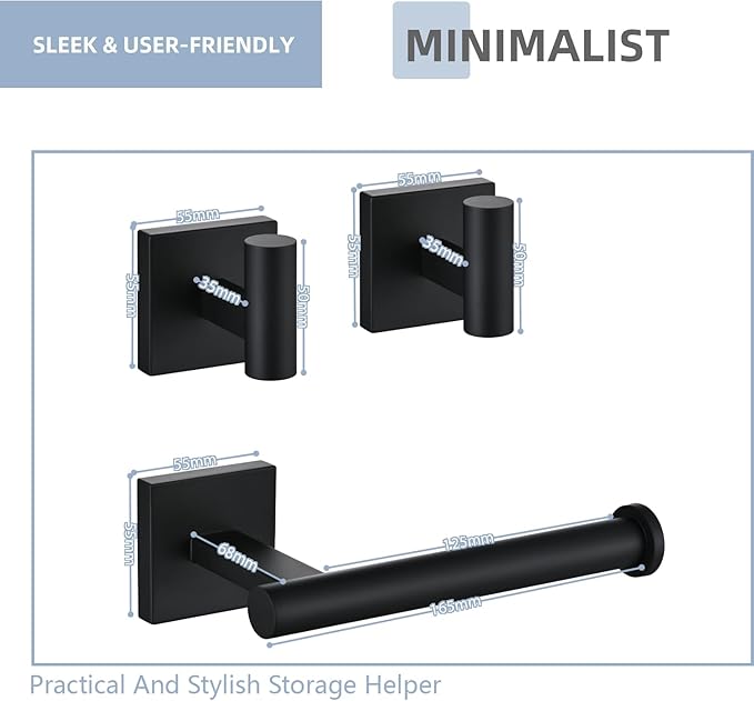 Matte Bathroom Hardware Set, Toilet Paper Holder with 2 Square Towel Hooks, 3PCS SUS 304 Stainless Steel Set, Wall Mounted, Rust Resistant, Modern Fingerprint-Free Finish (Black)