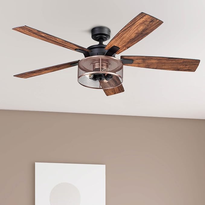 Honeywell Ceiling Fans Carnegie Industrial 52 Inch Ceiling Fan with Light, Remote Control Fan, LED Indoor Fan with 5 Blades, Black Oak and Brown Mopane Blade Finish Options, Copper (51459-01)