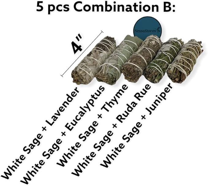NESSASTORES - White Sage Mixture Smudge Sampler Kit 4" Bundles #JC-230 (10 Kits, 5 pcs Combination B)