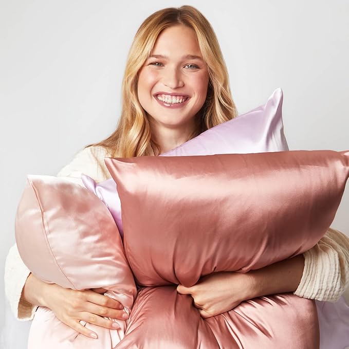 Kitsch Satin Pillowcase with Zipper for Hair & Skin, Softer Than Silk Pillow Cases Queen, Wrinkle-Free, Smooth and Cooling Satin Pillow Covers, Standard Size 19"x26" - Blush, 2pcs