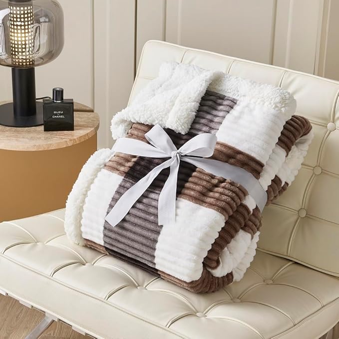 Blanket for Women, Sherpa Throw Blanket for Couch, Flannel Cozy Soft Checkered Blanket for Bed - Fleece, Dark Brown, 60x80 Inches
