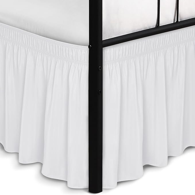 Biscaynebay Wrap Around Bed Skirts with Split Corners for Queen Beds 18" Drop, White Adjustable Elastic Dust Ruffles Easy Fit Wrinkle Resistant Silky Luxurious Fabric Machine Washable