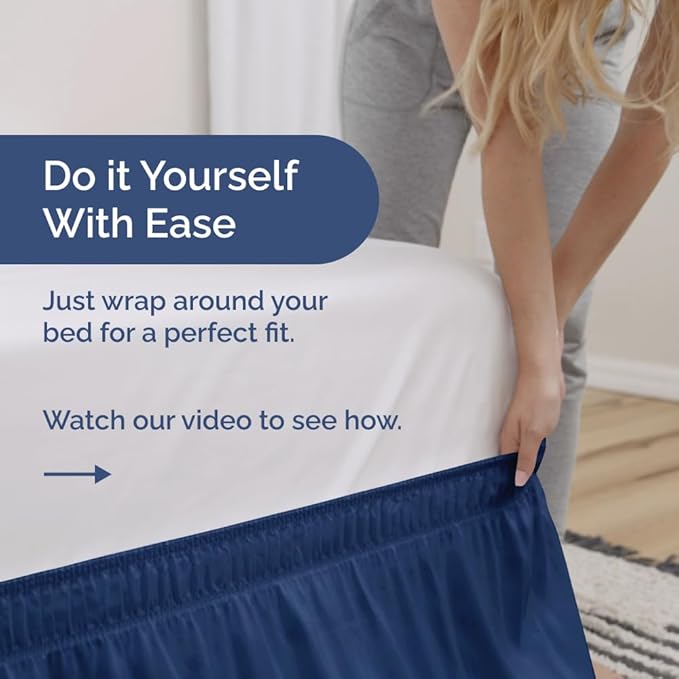 Wrap Around Dust Ruffle Bed Skirt - Navy Blue - for Twin Size Beds w/ 16 Inch Drop - Easy Fit Elastic Strap - Adjustable Pleated Bedskirt with Brushed Fabric, Wrinkle Free Women, Men, Kids and Teens
