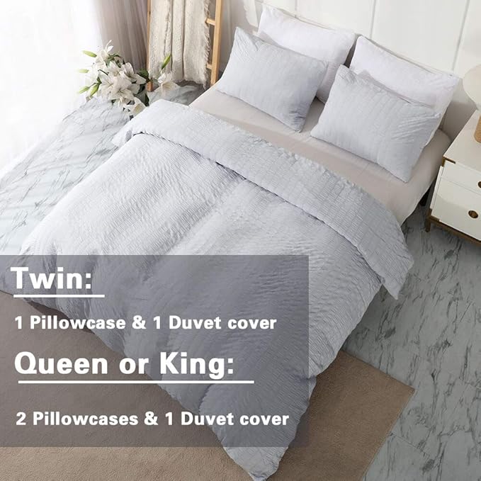 AveLom Light Gray Duvet Cover King(104 x 90 inches), 3 Pieces (1 Duvet Cover, 2 Pillow Cases), Seersucker Striped Soft Washed Microfiber Textured Duvet Cover Set with Zipper Closure, Corner Ties
