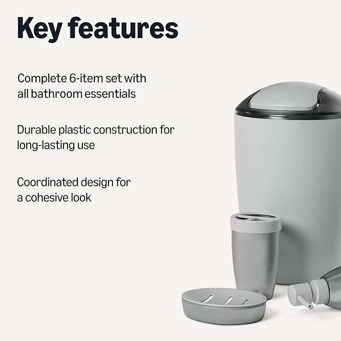 Amazon Basics 6 Pieces Bath Coordinate Set with Toothbrush Holder, Soap Dispenser and Soap Dish, Toothbrush Cup, Trash Can and Toilet Brush & Holder, Grey