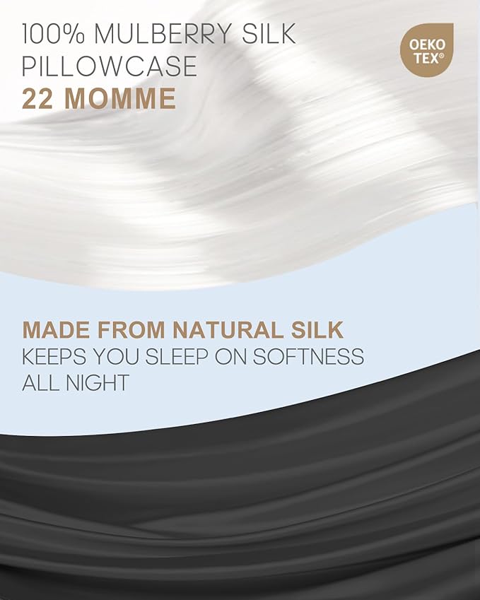 THXSILK Set of 2 Mulberry Silk Pillow Cases, 100% Mulberry Silk Pillowcases for Hair and Skin, 22 Momme Hypoallergenic Pillow Cover with Hidden Zipper, 2pcs (Black, Standard 20"x26")