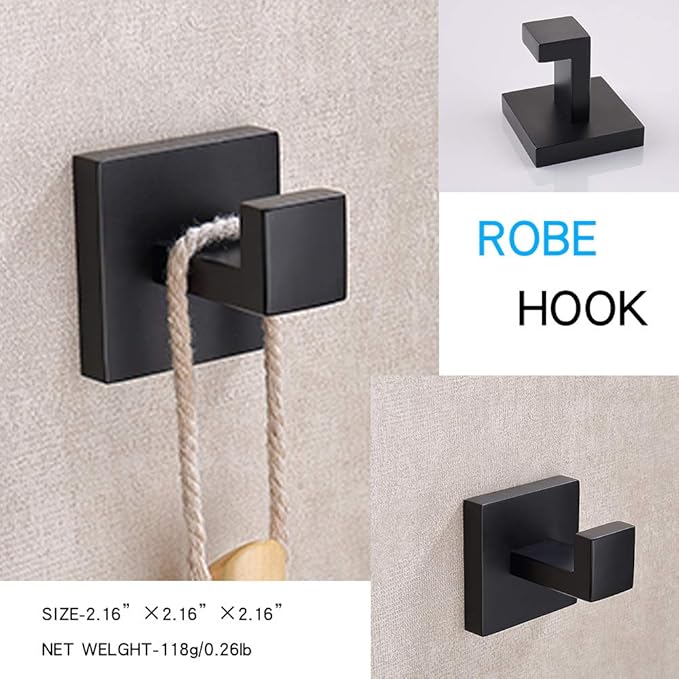 TASTOS 3-Piece Bathroom Hardware Set Matte Black Wall Mounted Bathroom Accessory Set, Premium Stainless Steel Robe Hook Toilet Paper Holder 16-Inch Towel Bar (Black)