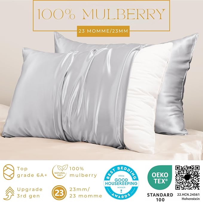 PROMEED 23 Momme Kids Silk Pillowcase 2 Pack with Free Laundry Bag, Natural Grade 6A+ Mulberry Silk Travel Toddler Pillow Case Set of 2, Zipper (Toddler/Travel 13"x18", Light Grey)