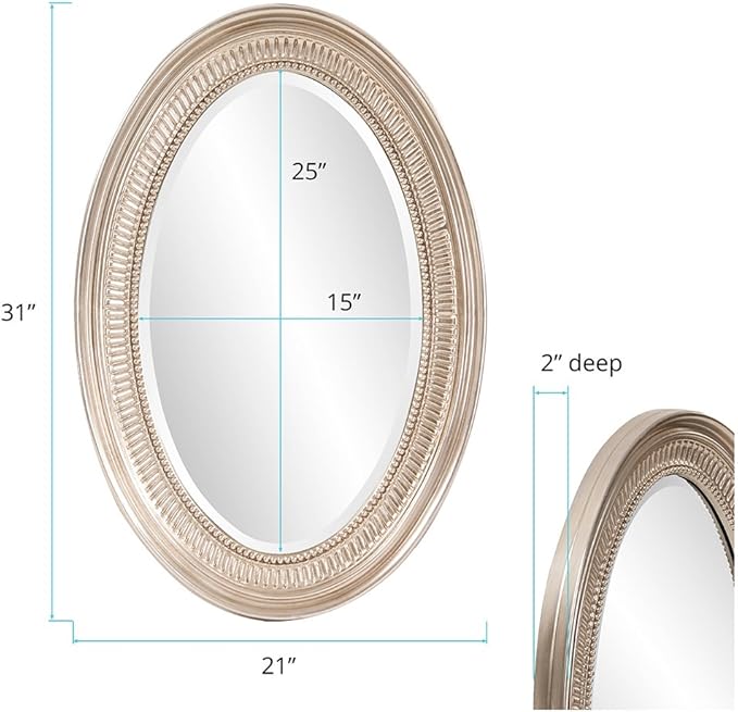 Howard Elliott Ethan Brushed Nickel Oval Decorative Wall Hanging Mirror, Vintage Oval Mirror for Wall Decor Resin Frame Vanity Mirror Perfect for Living Room, Bedroom & Home Decor, 21 x 31 Inch