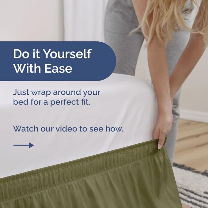 Wrap Around Dust Ruffle Bed Skirt - Sage Green - for Queen Size Beds with 24 Inch Drop - Elastic Strap - Adjustable Pleated Bedskirt with Brushed Fabric and Wrinkle Free - For Women, Men, Kids & Teens