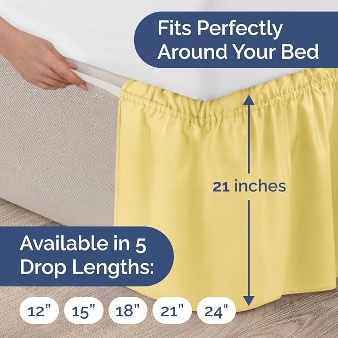 Wrap Around Dust Ruffle Bed Skirt - Yellow - for Full Size Beds with 21 Inch Drop - Easy Fit Elastic Strap - Adjustable Pleated Bedskirt w/Brushed Fabric - Wrinkle Free - for Women, Men, Kids & Teens