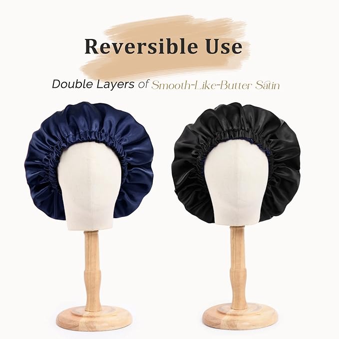 YANIBEST Adjustable Silk Bonnet Double Layer Satin Bonnet Hair Bonnet for Sleeping Bonnets for Women Hats Curly Natural Hair, Navy Blue