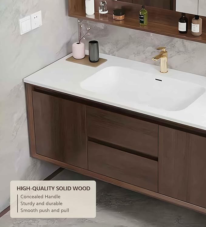 Bathroom Sink Vanity 80Inch, Floating Bathroom Vanity with LED Smart Defogging Mirror Cabinet and Open Shelf, Multi-Layer Solid Wood Bathroom Furniture Cabinet, Wall Mount Installation (Walnut)