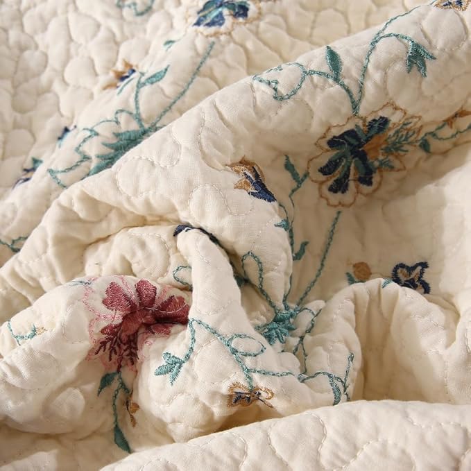 Quilt Set Floral Leaves 3D Embroidery Pattern 2 PCS Cotton Reversible Quilted Embroidered Decorative Bedspreads Coverlet Set, Lightweight &Soft Queen Size Beige Bedding Coverlet for All Season