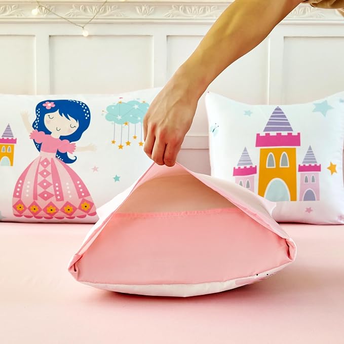 ANGIYUIN Princess Fairy Tales Full Comforter Set for Girls Cartoon Rainbow Love Kids Bed in A Bag with Sheets Cute and Soft Bedding Comforter Set for All Season(Princess, Rainbow, Castel, White)