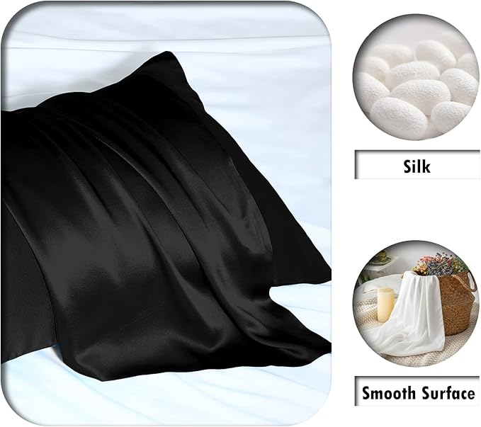 Natural Mulberry Silk Pillowcase with Hidden Zipper for Hair and Skin Standard Size 20"X 26" Soft Breathable Smooth Cooling Pillow Covers for Sleeping(Black,1Pcs)