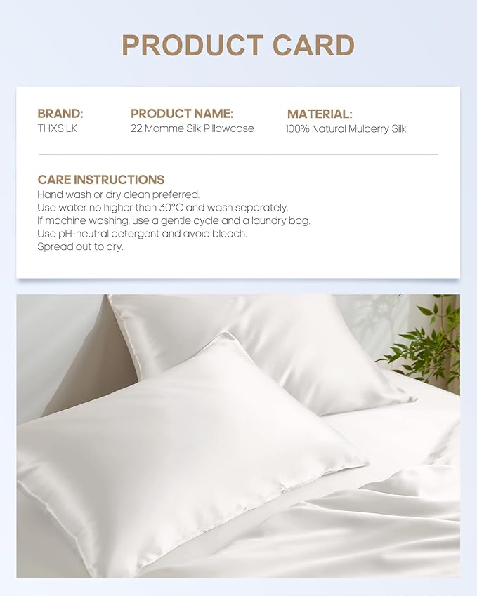 THXSILK Set of 2 100% Pure Mulberry Silk Pillowcases for Hair and Skin - Upgraded Real 22 Momme Grade 6A+ Silk - Durable, Soft & Breathable Silk Pillow Cases (King 20"x36", White)